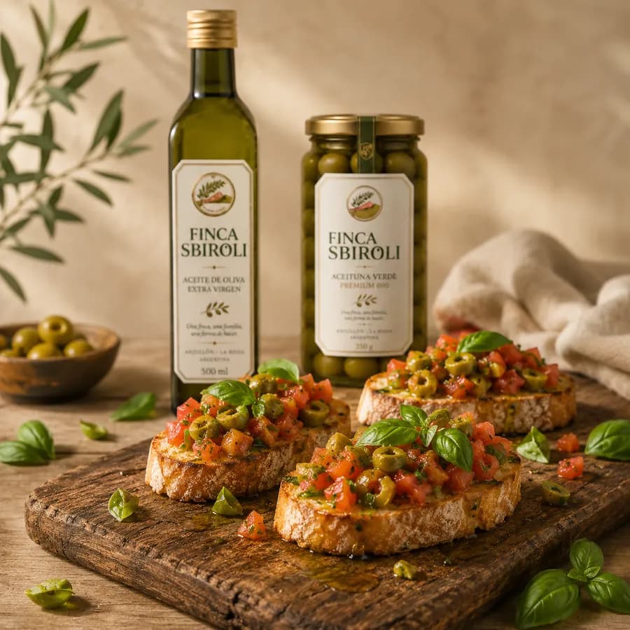Bruschetta de tomate y aceitunas verdes